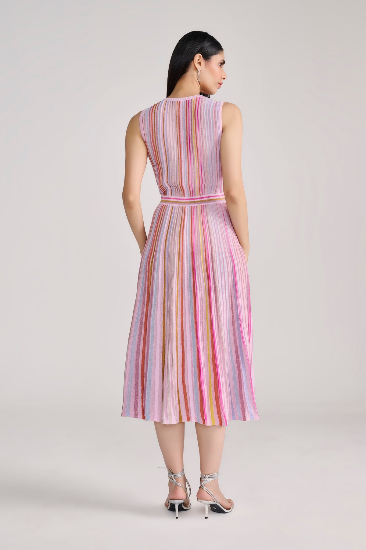Pink Lurex Knit Midi Dress with Multi Stripes