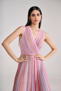 Pink Lurex Knit Midi Dress with Multi Stripes