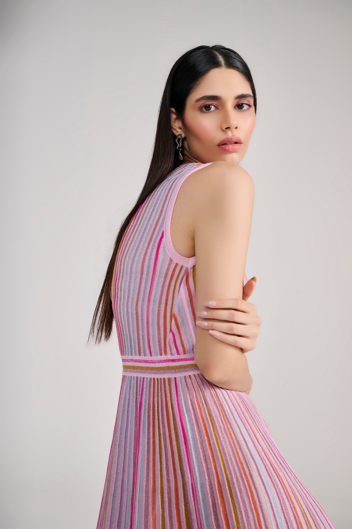 Pink Lurex Knit Midi Dress with Multi Stripes