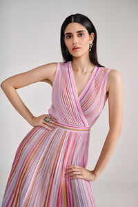 Pink Lurex Knit Midi Dress with Multi Stripes