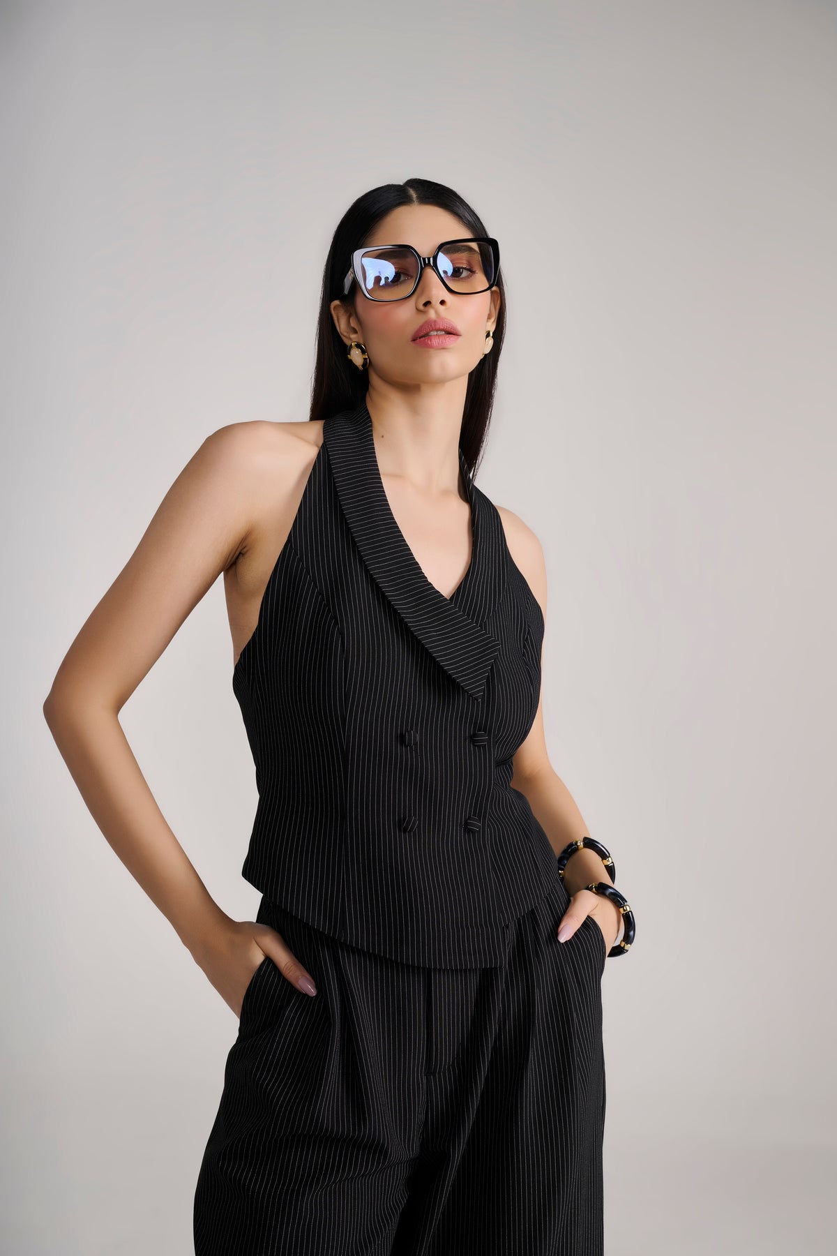 Black Pinstripe halter tailored suit coord set