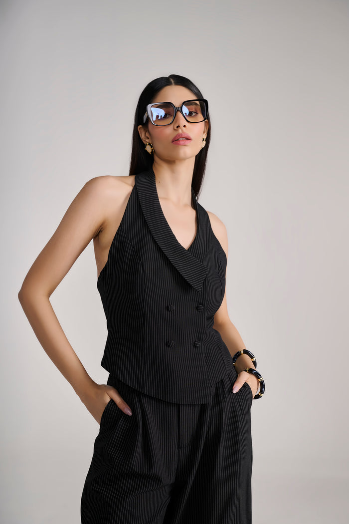 Black Pinstripe halter tailored suit coord set