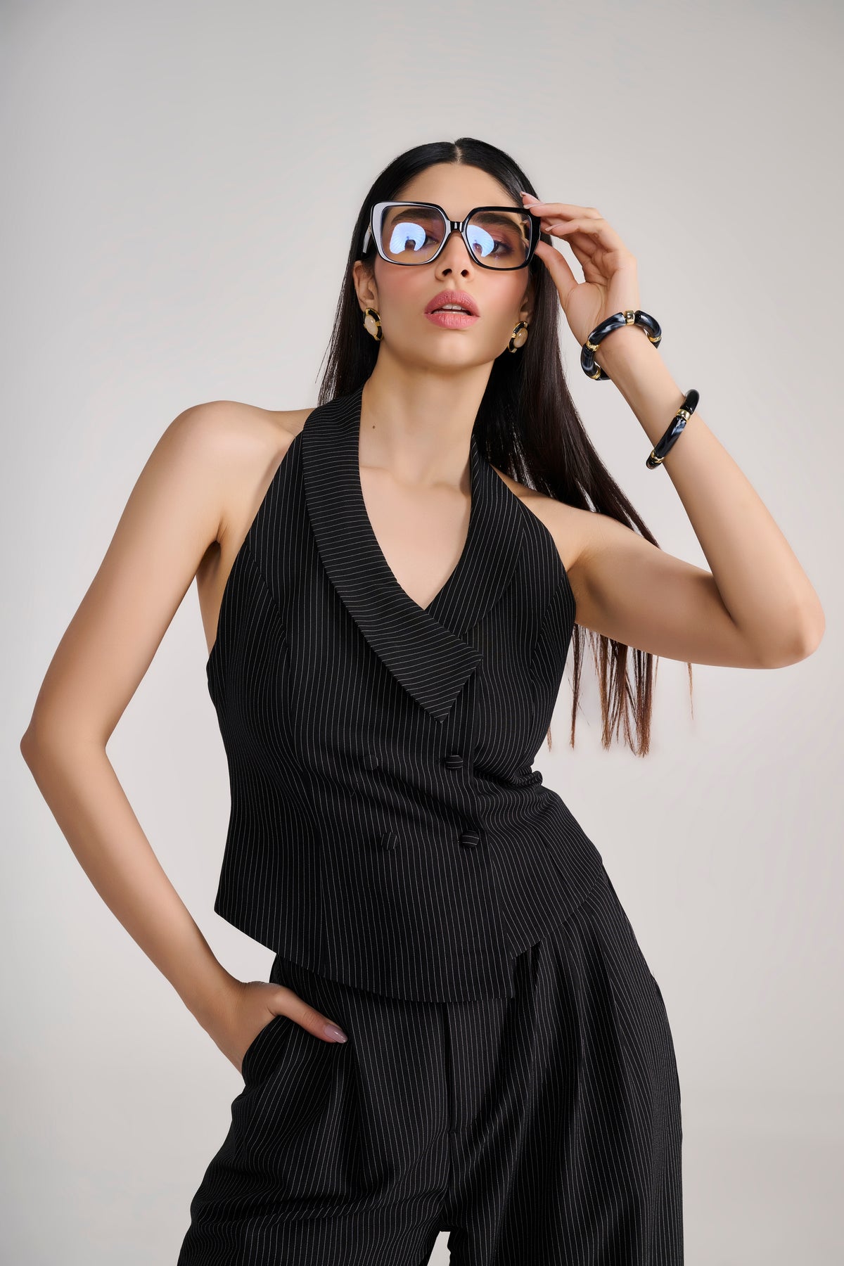 Black Pinstripe halter tailored suit coord set