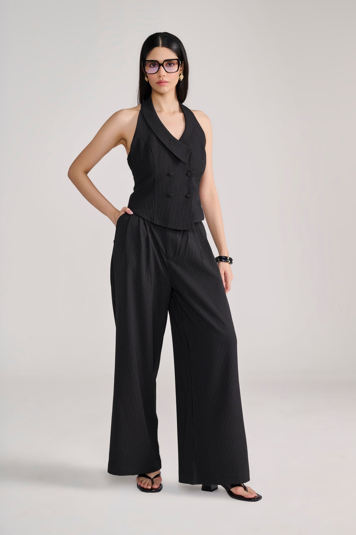 Black Pinstripe halter tailored suit coord set