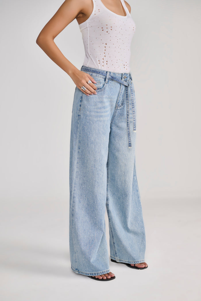 Blue Denim Rhinestone splatter jeans with belt