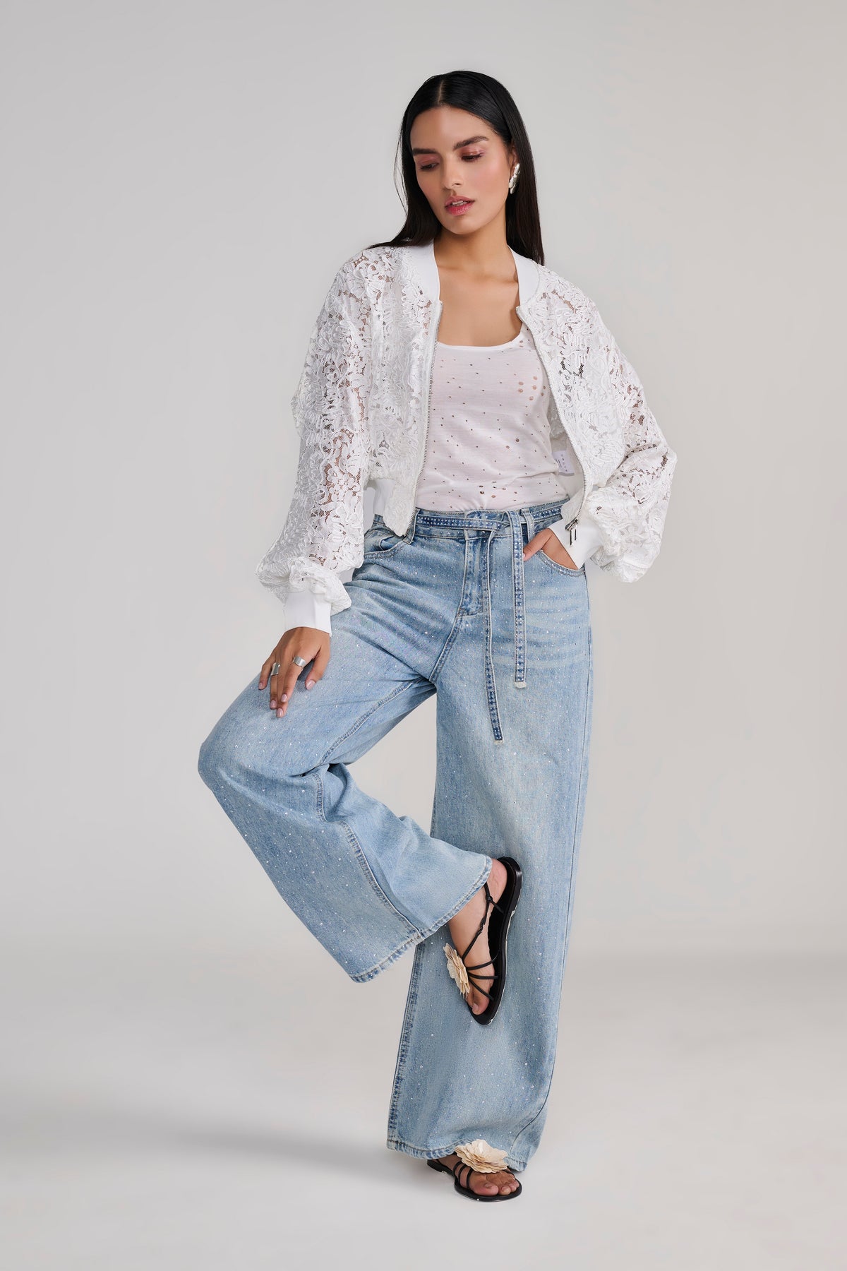 Blue Denim Rhinestone splatter jeans with belt