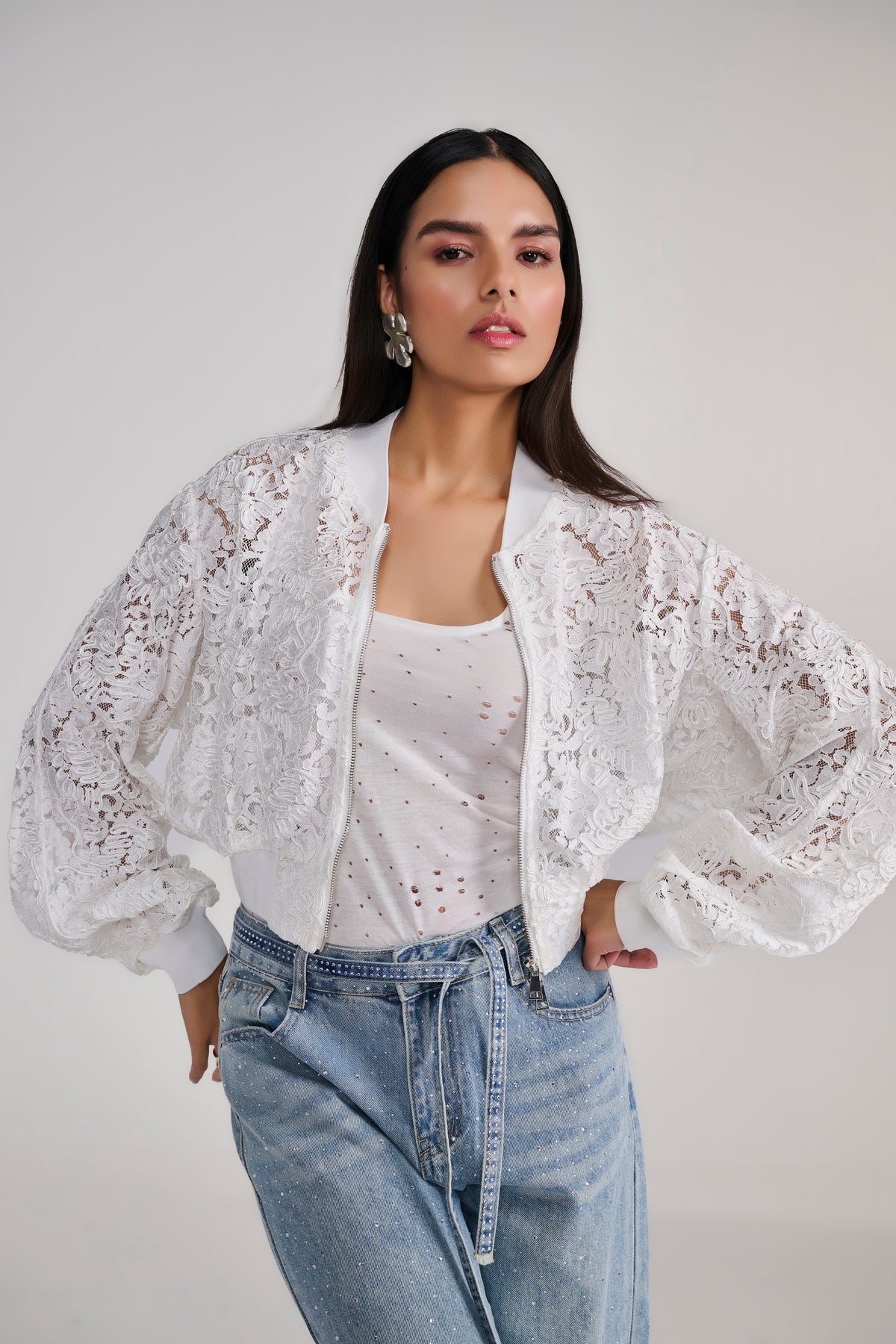 White Lace Bomber Jacket