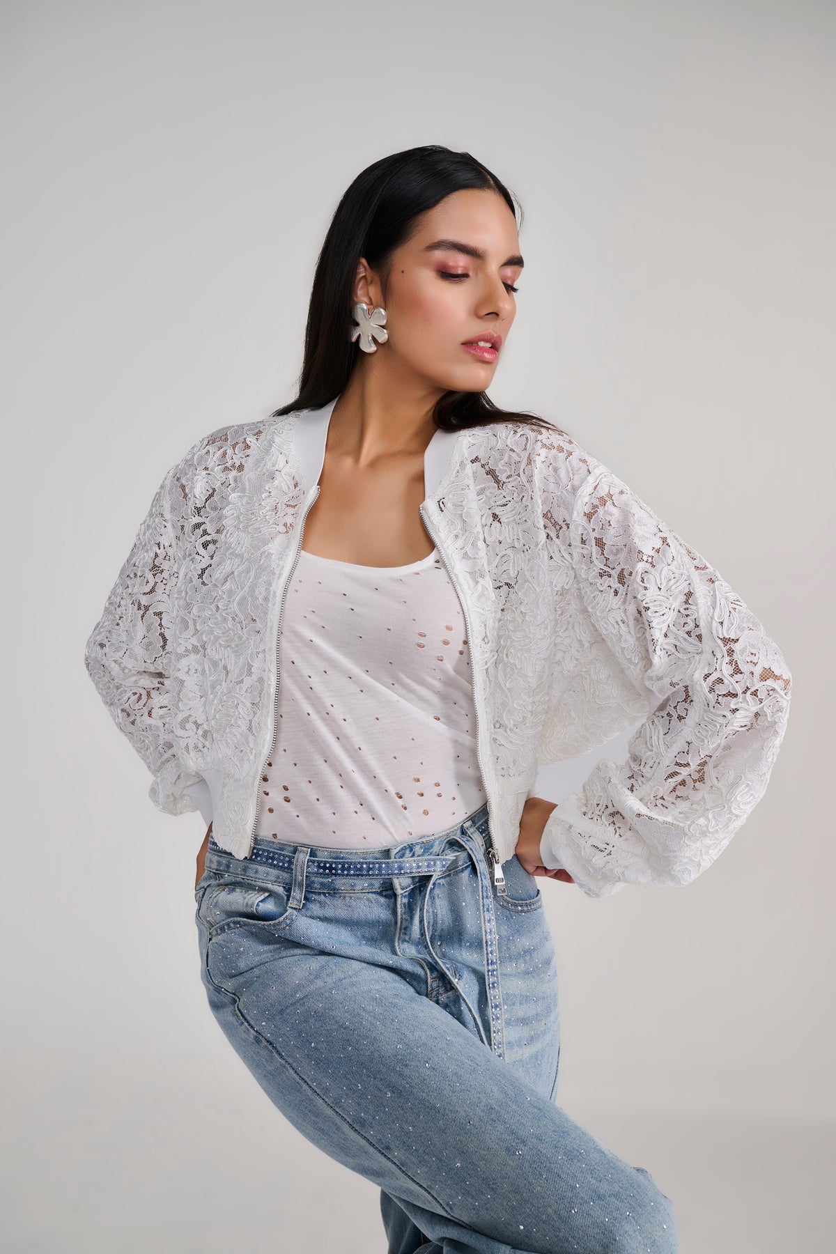 White Lace Bomber Jacket