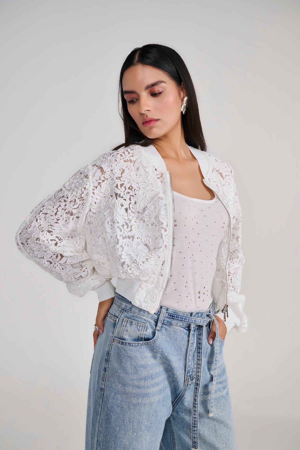 Blue Denim Rhinestone splatter jeans with belt