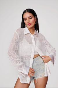 Textured White shirt with satin collar and cuff detail