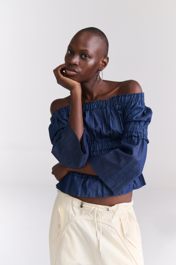 Denim Ruched Peasant Off Shoulder Top