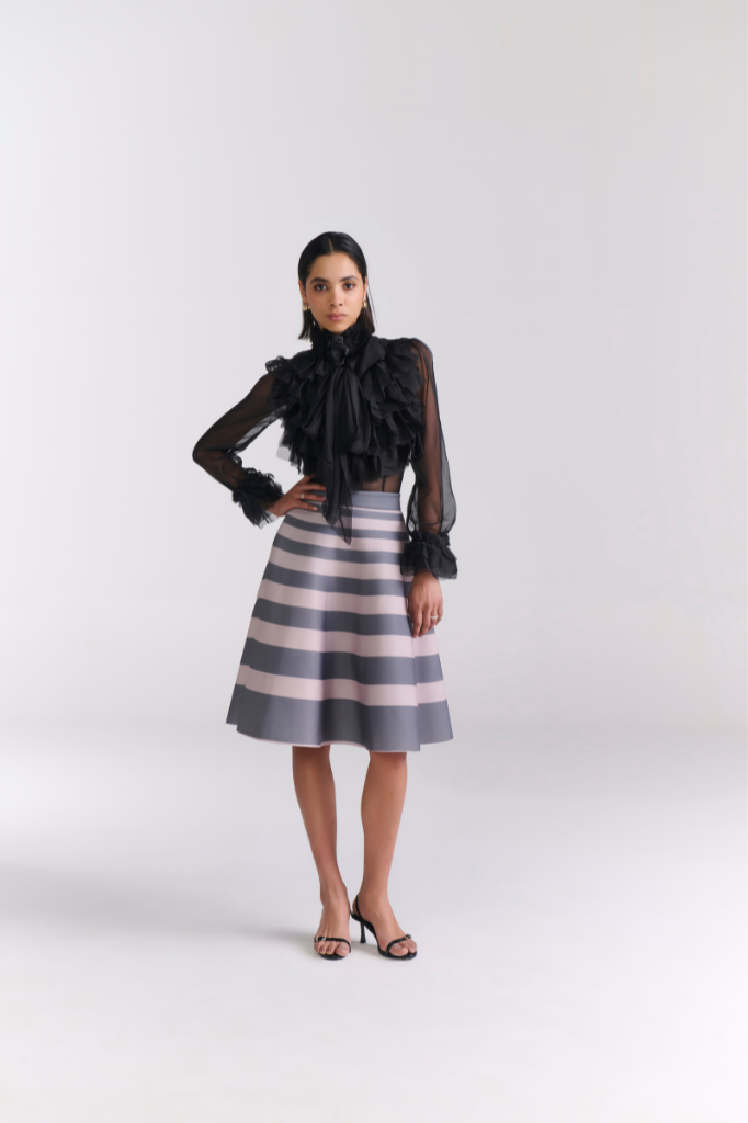 Grey & Blush Pink Striped A-line Neoprene Skirt