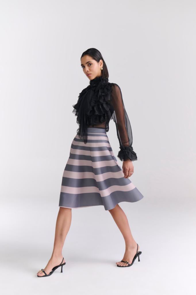 Grey & Blush Pink Striped A-line Neoprene Skirt