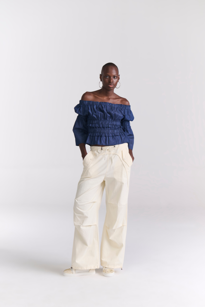 Denim Ruched Peasant Off Shoulder Top