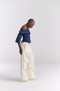 Denim Ruched Peasant Off Shoulder Top