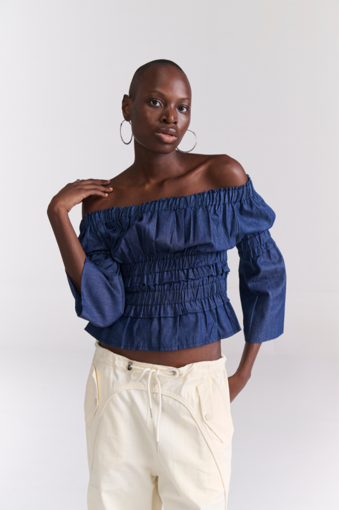Denim Ruched Peasant Off Shoulder Top