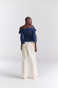 Denim Ruched Peasant Off Shoulder Top